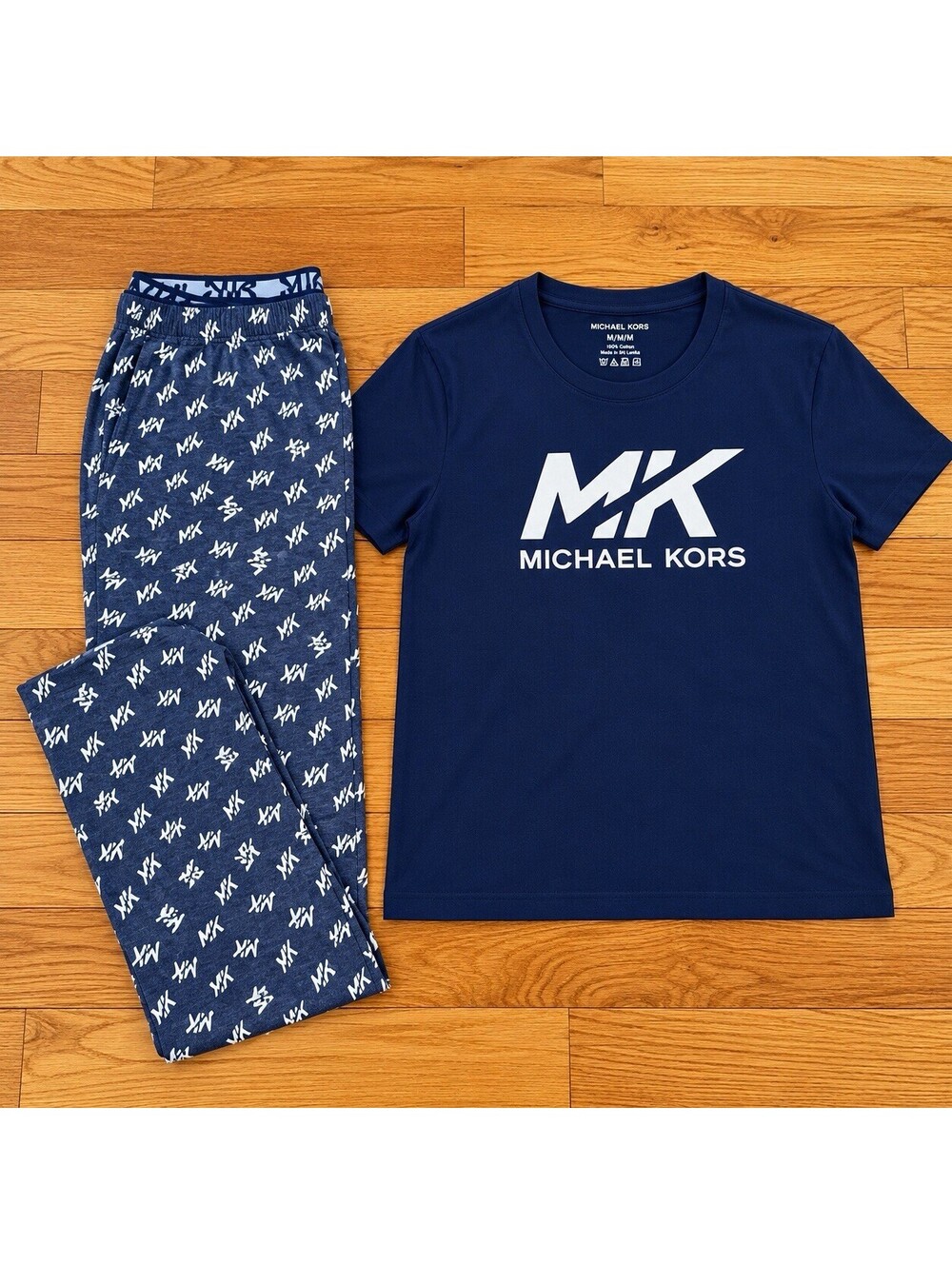 Michael Kors Women’s Pajama Set Navy Blue Logo T-Shirt & Monogram Pants M/M